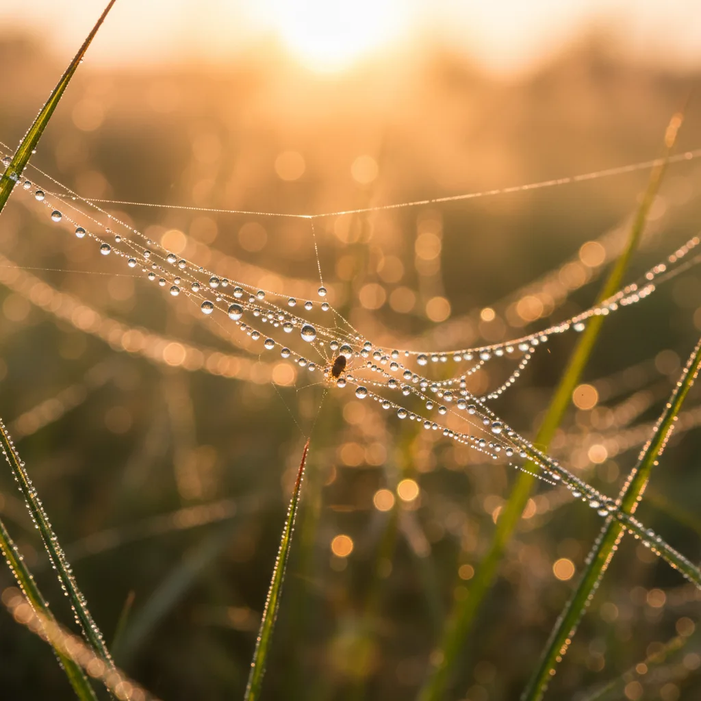 Macro shot of morning dew on a spider web at golden hour, extreme shallow depth of field, backlit, nature photography