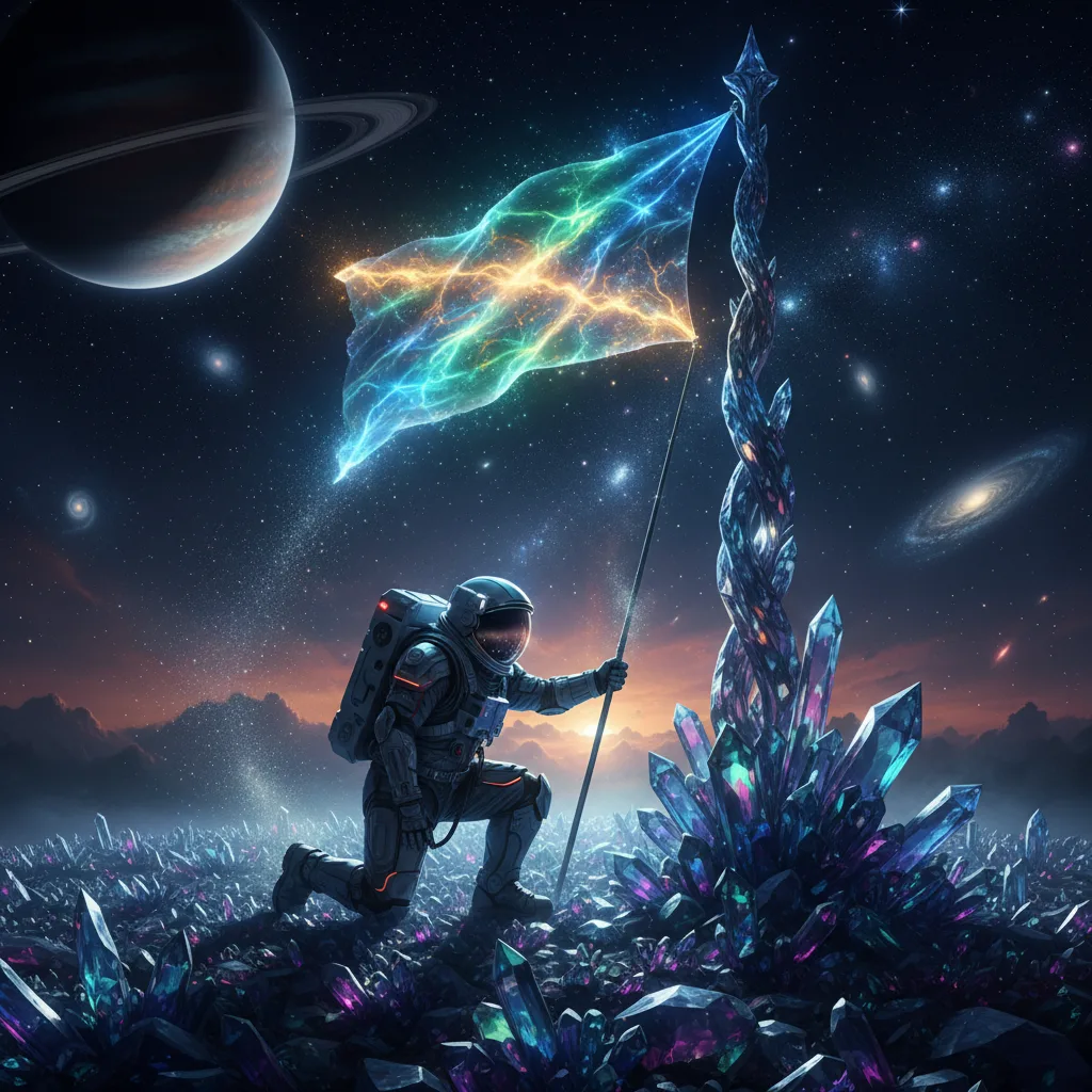 A lone astronaut planting a glowing flag on a crystal moon, vast starfield behind, epic scale, cinematic wide shot