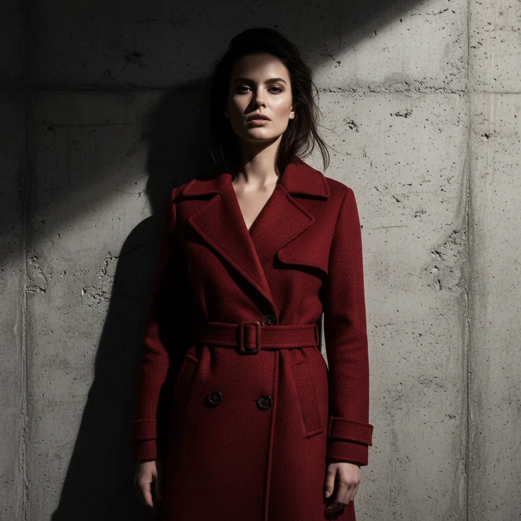 Editorial portrait of a woman in a scarlet wool coat against a raw concrete wall, hard directional side light, deep shadow, no text
