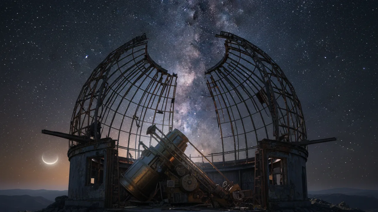 An abandoned observatory dome open to a star-filled sky, moonlight through rusted machinery, wide cinematic shot