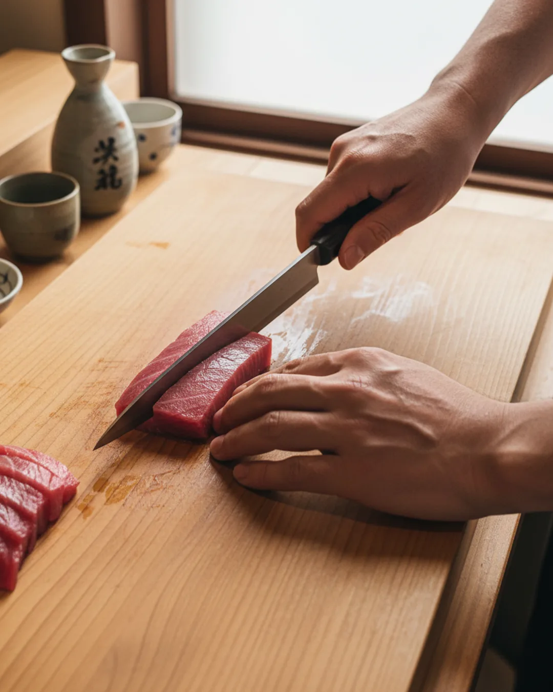 A sushi chef's hands slicing toro on a hinoki counter, overhead, precise, natural light, portrait framing