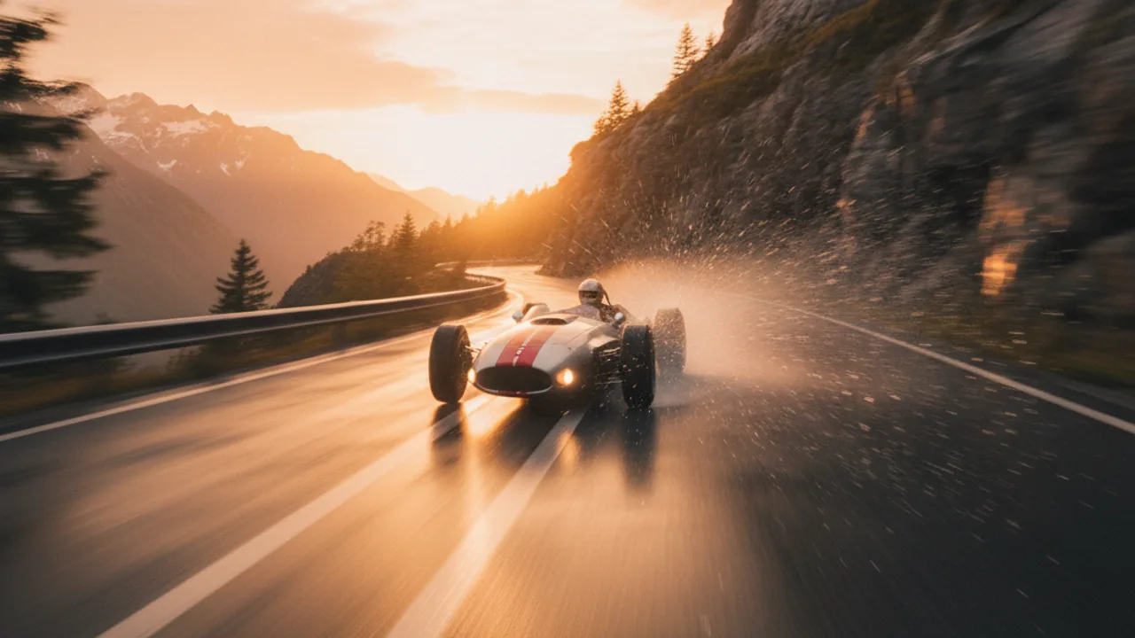 A vintage racing car mid-drift on a wet mountain road, spray and motion blur, golden hour, cinematic