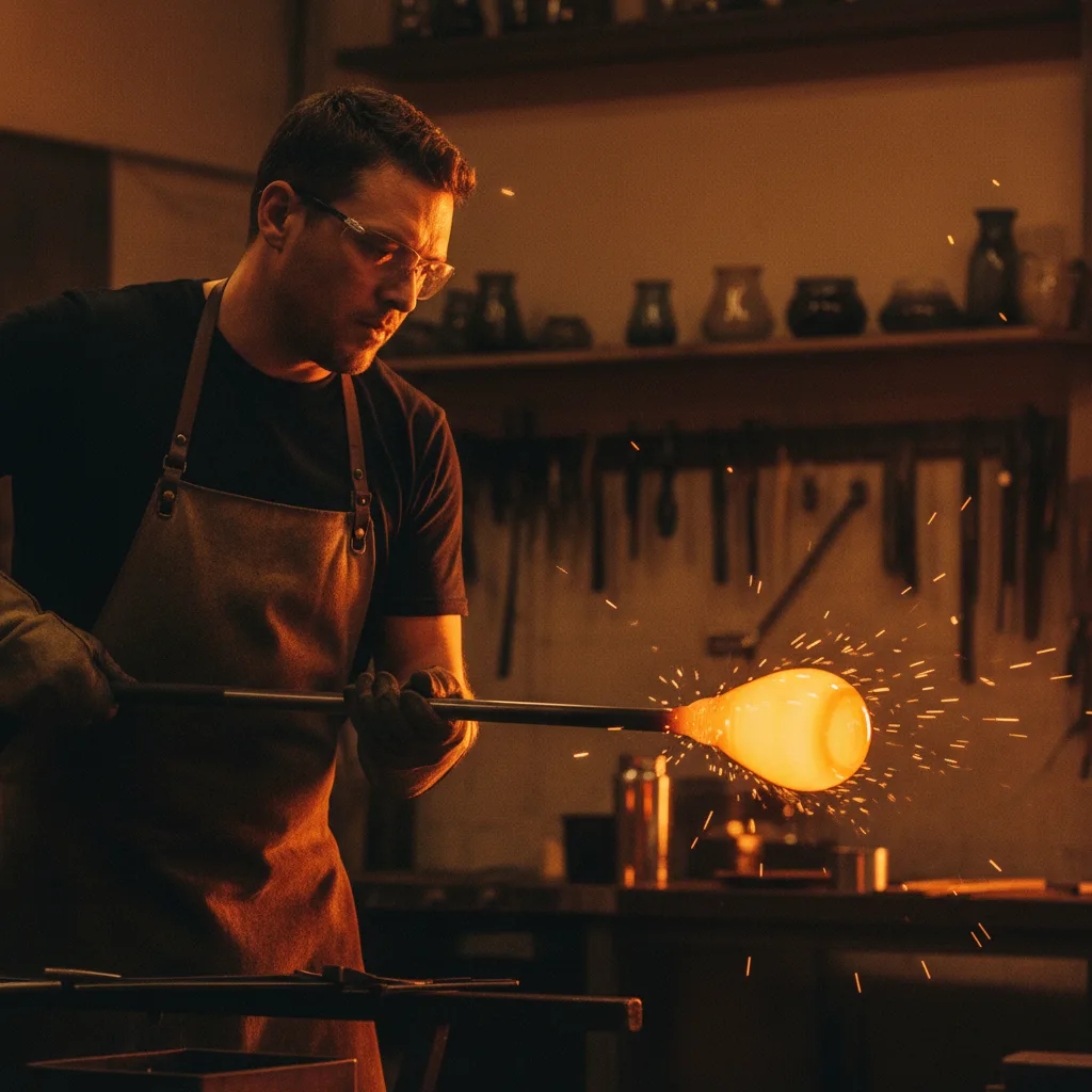 A glass-blower turning a glowing orange gather of molten glass on the pipe, his lit face close in frame, sparks and dark workshop behind, warm firelight filling the whole frame edge to edge, no empty ceiling, cinematic